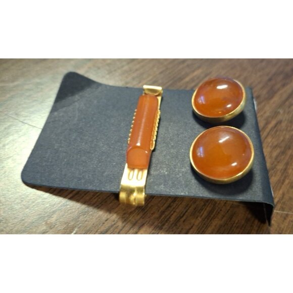Rare Vintage Russian Soviet AMBER Cufflinks & Tie Clip Made in USSR - Picture 1 of 6